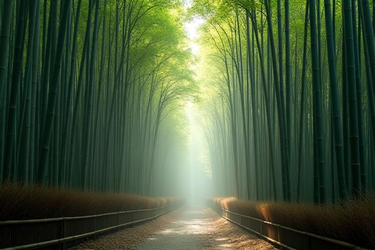 嵐山竹林の朝霧