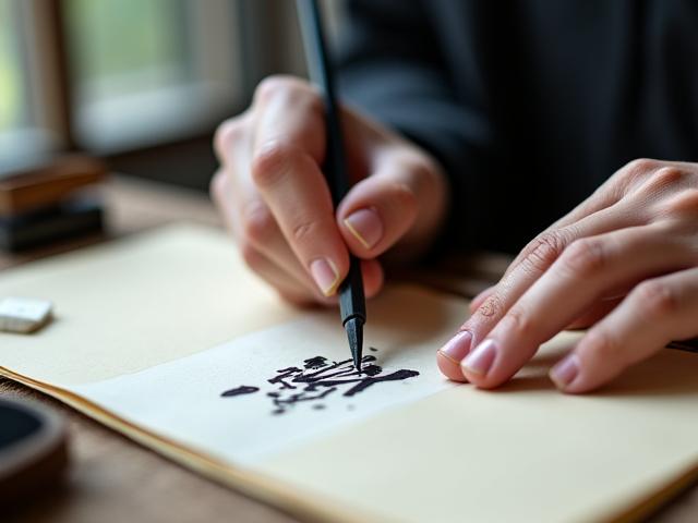 筆を持つ手元