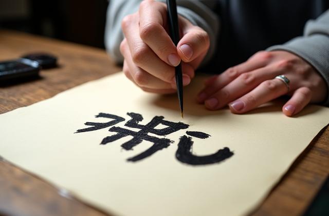 熟練の書道家が筆を走らせる手元。墨と和紙のクローズアップ。