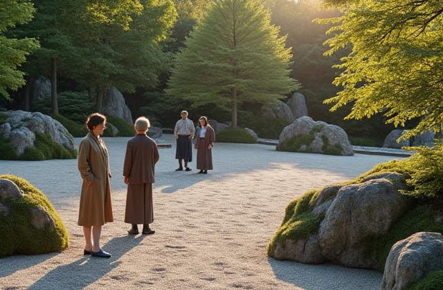 京都の美しい枯山水庭園。ガイドが詳細を説明している様子。
