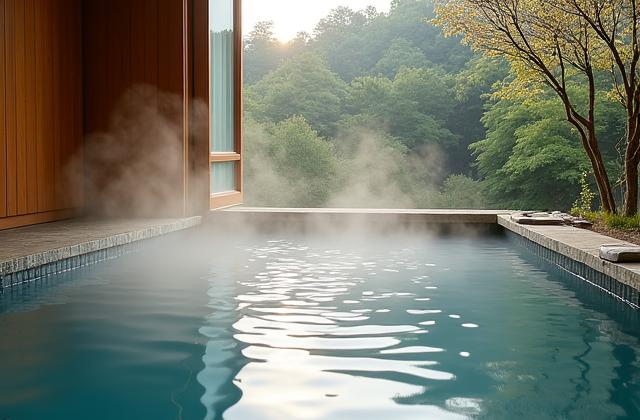 美しい庭園を望む高級旅館の露天風呂。湯気と静寂が漂う。