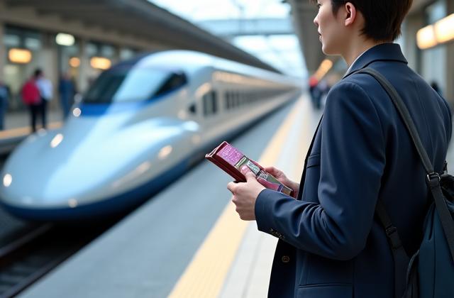 新幹線が停車するプラットフォーム。手には日本の交通チケット。スムーズな移動を連想。