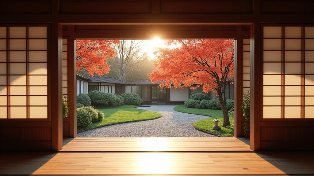 伝統的な日本家屋の縁側から見える手入れされた庭園、奥には紅葉の木々。静かで落ち着いた雰囲気。