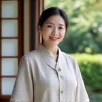 笑顔で日本の庭を案内する女性ガイド